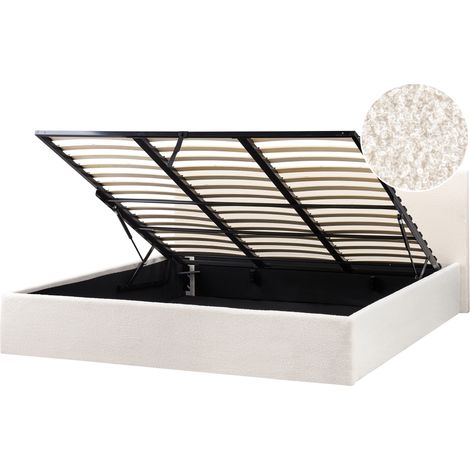 Cama tapizada de bouclé 180 x 200 cm con almacenaje cabecero elevable blanco crema Orbey (1/5)