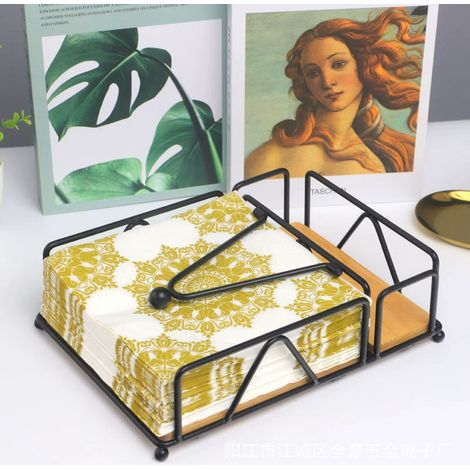 Porta tovaglioli con base in legno - porta tovaglioli piatto nero - distributore di tovaglioli in metallo con scomparto per sale e pepe - moderno porta tovaglioli quadrato per la decorazione della tav