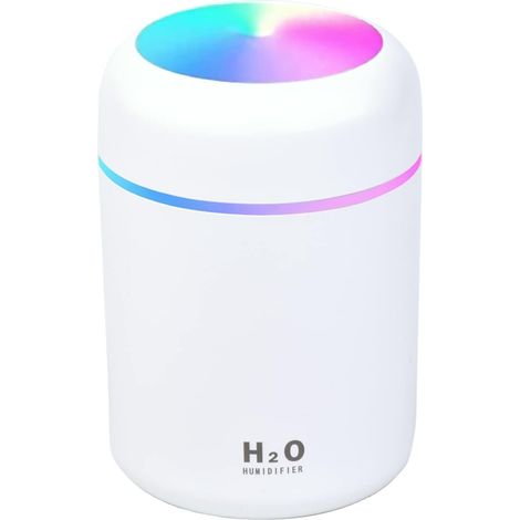 1 humidificateur 300 ml, mini humidificateur de voiture, diffuseur d'arôme, lumière d'ambiance colorée, maison, bureau, chambre, mode silencieux, autres accessoires de voiture (blanc) (1/2)