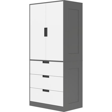 Armoire penderie 2 portes fermeture douce 3 tiroirs barre suspension gris et blanc 80x50x180cm