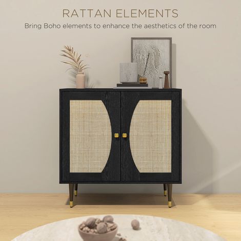 Buffet noir de style bohème avec étagère réglable et portes décorées en rotin (1/5)