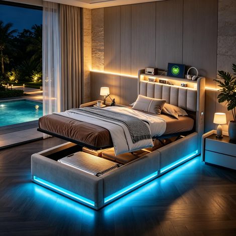 FOERPL-Letto 90 x 200 cm con rete a doghe, letto contenitore 90 x 200 cm con LED e porte USB, letto matrimoniale imbottiti 90 x 200 cm con testiera e contenitore, letto per adulti con rete a doghe