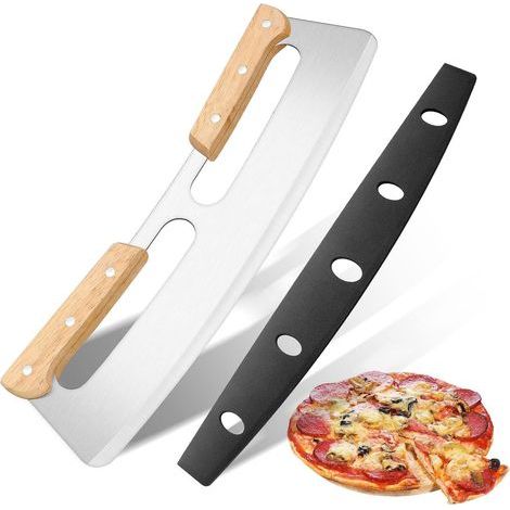 35cm Pizza Cutter, Rocking Pizza Cutter with Double Wooden Handle, Stainless Steel Pizza Slicer Blade with Protective Cover, Suitable for Cutting Pizza (1/5)