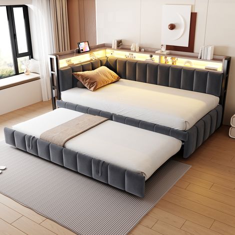 Bett Schlafsofa ausziehbar 90x200 Stoff Grau OKMYHOME (1/5)