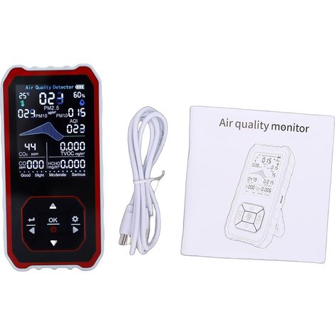 Monitor multifunzione 10 in 1 per la qualità dell'aria ambiente, con sensore di temperatura, umidità, CO2, PM2.5, HCHO e TVOC, e rilevamento tramite fascio luminoso per casa e ufficio (bianco)
