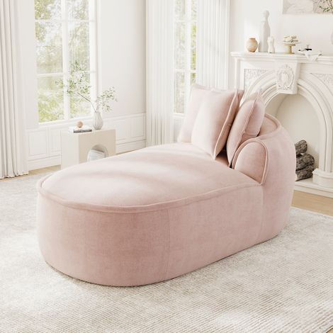 Canapé Manchester avec méridienne droite et coussins en chenille rose (1/5)
