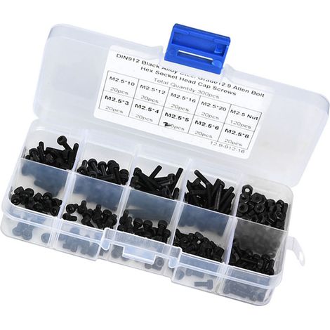 300 vis à tête hexagonale creuse M2,5 x 3-20 mm en acier allié noir de classe 12.9 avec écrou (1/5)