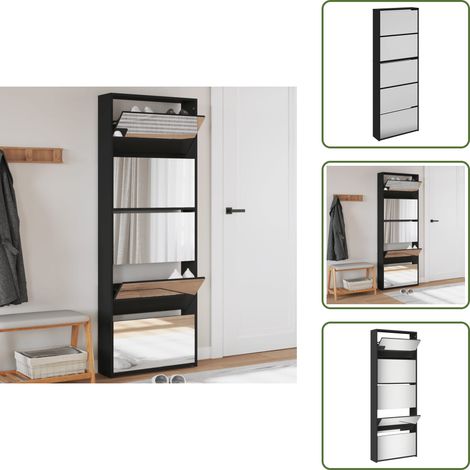 The Living Store Armoire à chaussures avec miroir 5 niveaux noir 63x17x169,5 cm - Meuble Chaussure - Rangements Chaussures - Armoire À Chaussures - Étagère Chaussures - Tiroir Chaussure