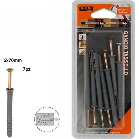 TrAdE Shop Traesio - Set 7 Pezzi Tasselli Fisher Viti Vite Chiodi Gancio Tassello Misura 6x70mm 69050 -