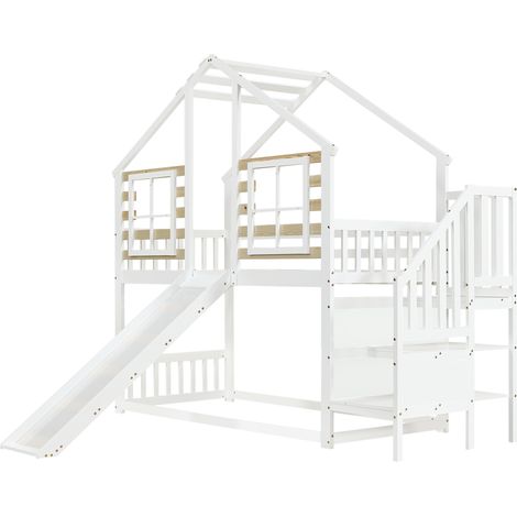 Letto a castello per bambini con scivolo e scala 90x200 cm bianco in legno e MDF MODENUIT (1/5)