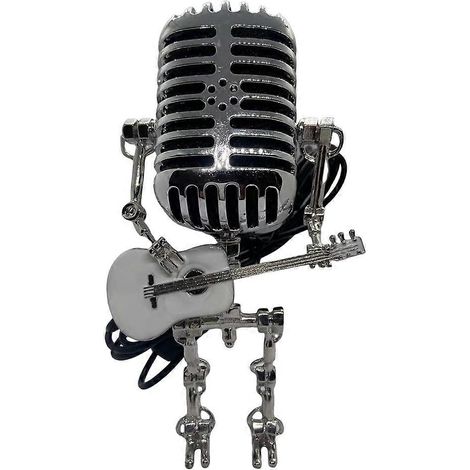 Lampe microphone - Lampe de bureau robot microphone vintage en métal, style rétro, décoration intérieure, blanc et argent (1/5)