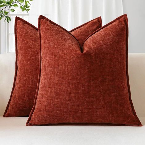 Lot de 2 Housse de Coussin 45x45 cm en Chenille Doux, Housse Coussins avec Bordures Cousues Taies d'oreiller Unies Décoratives pour Lit Canapé Chambre Salon, Rouille
