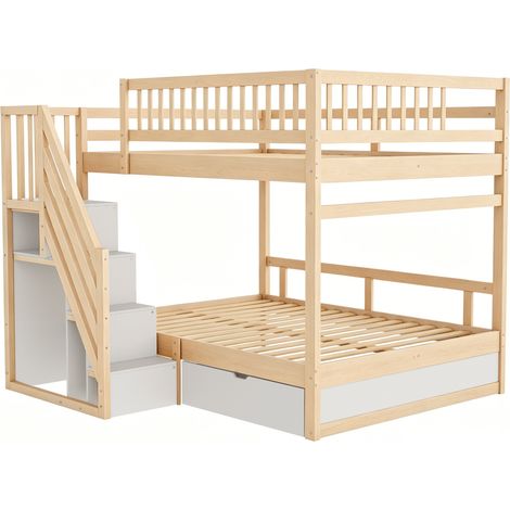 Letto a castello 140 x 200 cm in legno con scala contenitore, cassetti e sponde (1/5)