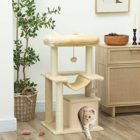 Árbol rascador para gatos PawHut, con juguetes, percha y hamaca, 48 x 48 x 90 cm, color crema. (1/5)