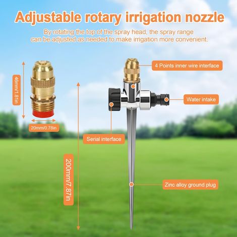 Lot de 2 Arroseurs de Pelouse en Métal, Arroseurs Automatiques, Buse D'arrosage Réglable en Laiton, Piquet à Secteur 360° Jardin Gazon Pelouse Rotatif (1/4)