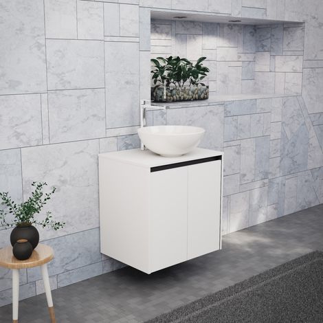 Inda - Badezimmerschrank B.60 mit Aufsatzwaschbecken / Mattweiß 2 Türen - Saphir (1/5)