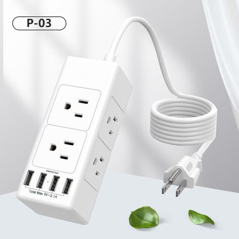 Multiprise avec 6 prises murales (3 côtés) et 4 ports USB