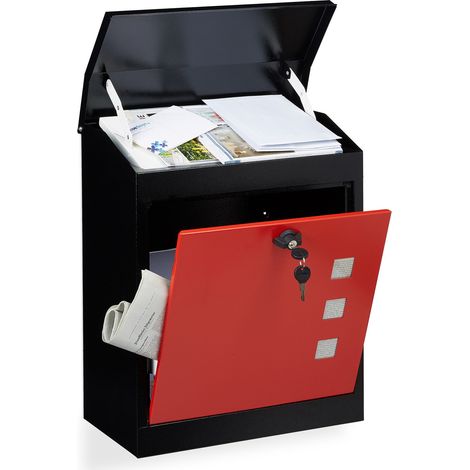 Relaxdays Large Letterbox, Steel, Security Flap, Lock, HxWxD: 53 x 43.5 x 26 cm, Wall Mailbox, Black-Red