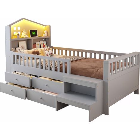 Cama infantil de madera maciza gris 90x200 cm con cajones, escalones, luces LED, USB/Type-C y somier (1/5)