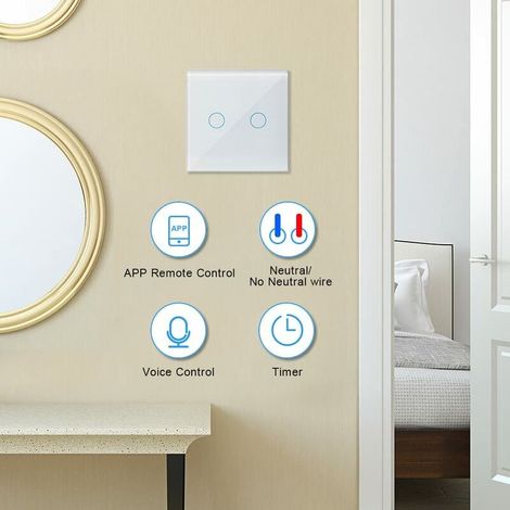 WiFi Interrupteur Tactile Connecté Alexa Google Assistant Compatible 2 Gang 1 Voies, Interrupteur Lumineux Mural Tuya Smart Life App Intelligent Contrôle (1/4)