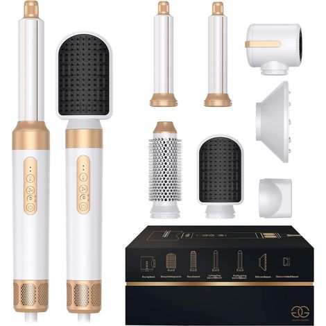Föhnbürste mit 7 Aufsätzen, 7-in-1 Airstyler, Haartrockner, zum Trocknen, beheizte Stylingbürste, zum Glätten, Locken, Weiß/Gold Edition