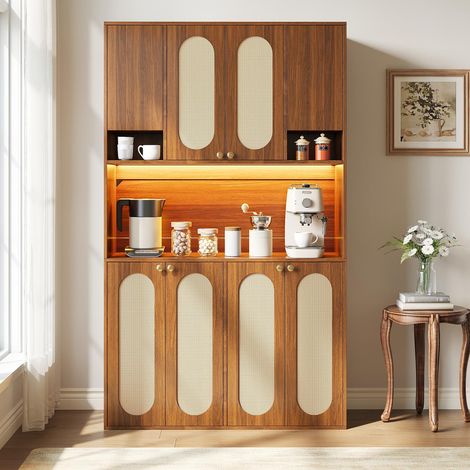 Aparador alto mueble bar con luces led y ratán pe - 106x40x178 cm alacena de cocina armario de salón con 8 puertas y estantes - mdf estilo boho - natural (1/5)