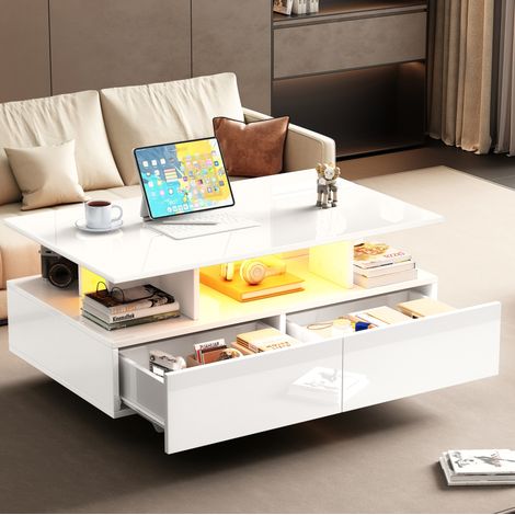 Tavolino LED 90 x 55 x 41 cm con 2 cassetti, bianco, in pannelli di particelle HAVRYA (1/5)