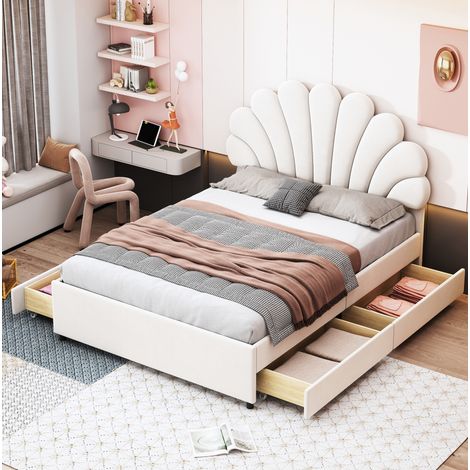 Lit double rembourré velours beige 140x200 cm avec tête de lit fleur, sommier à lattes et 4 tiroirs de rangement (1/5)