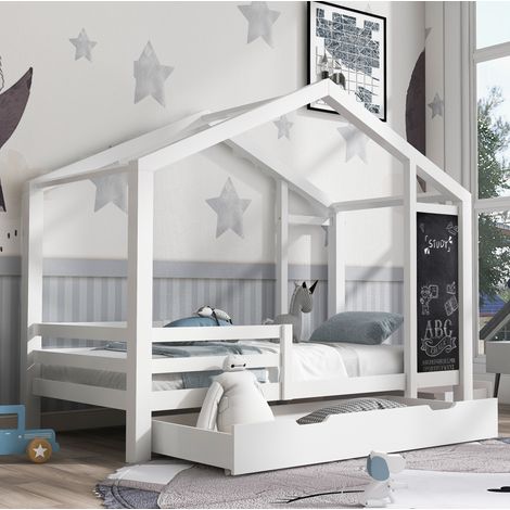 CHICFURN Cama casita infantil 90x200 cm madera blanca con pizarra y 2 cajones, sin colchón (1/5)