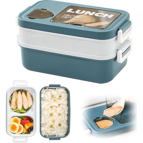 Lunch Box 2 Layers – Porte-déjeuner Umami avec bocaux de sauce et ustensiles – Bento Box chauffable pour micro-ondes – Bote à déjeuner hermétique idéale pour le bureau scolaire et en voyage (Bleu) (1/5)