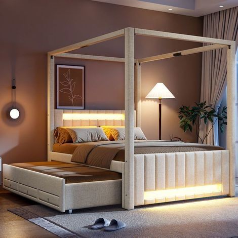 Lit Gigogne 140x20 cm - à Baldaquin et LED Multicolore - lit 2 places - 3 Tiroirs de Rangement Spacieux, Rembourré en Lin Beige Chic (1/5)