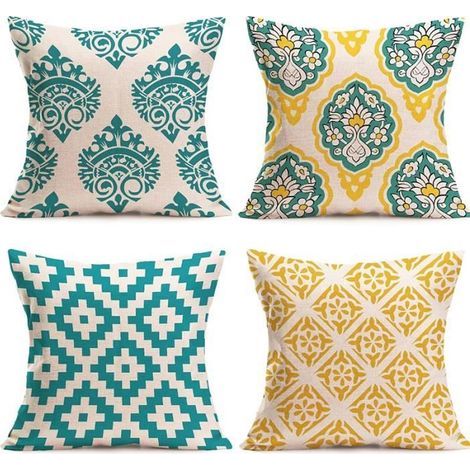 4 Cotton Linen Cushion Covers 45x45 cm, Printed Patterns - Decor for Sofa, Car, or Home