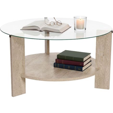 Canevino Couchtisch, Rund, Glasplatte, Transparent, 75x75x40h cm, Weiß Marmor