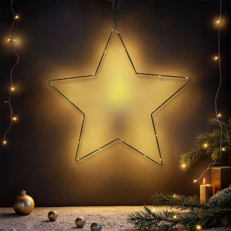 Metall Leuchtstern zum Hängen schwarz mit Timer - 20 LED - Stern Silhouette 50 cm warm weiß beleuchtet batteriebetrieben