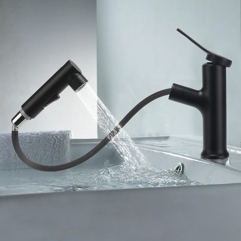 Robinet Salle de Bain avec Douchette Extractible Mitigeur Lavabo a 3 Modalità Cartouche Monocommande Miscelatore Eau Chaude et Froide en Céramique Blanc/Gris/Argenté/Noir (Noir) (1/5)