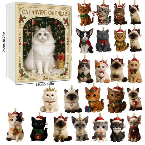 Nouveauté 2025 : Calendrier de l'Avent pour les amoureux des chats, boîte surprise, décoration pour sapin de Noël en acrylique (1/5)