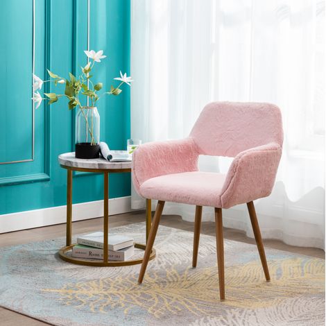 Sedia da pranzo in peluche sintetico rosa con braccioli, stile mid-century (1/5)