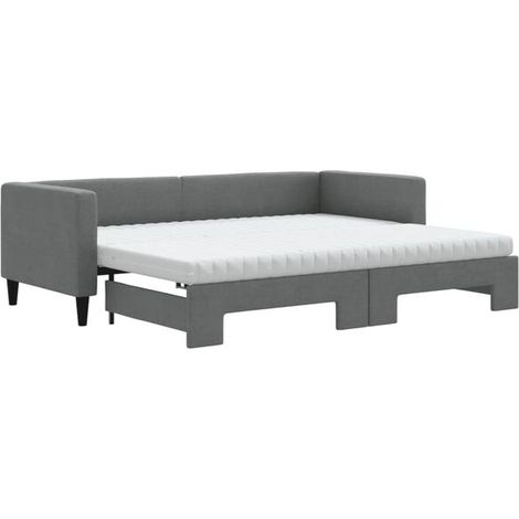 Canapé-lit avec sommier gigogne et matelas gris foncé, mesurant 80x200 cm, recouvert de tissu. (1/5)