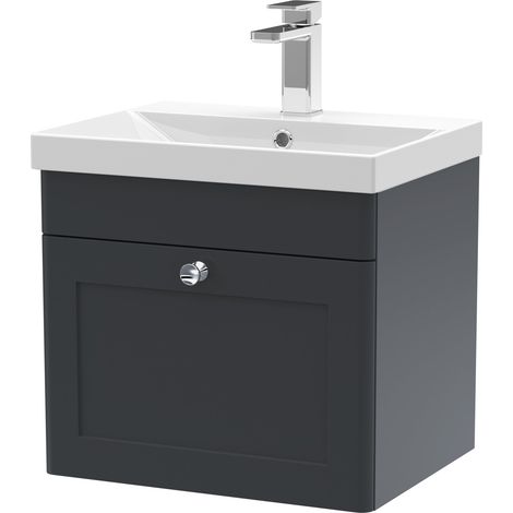 Nuie Classique Satin Soft Black 500mm Wall Hung Single Drawer Vanity Unit and 50mm Profile Basin - CLC1491E (1/5)