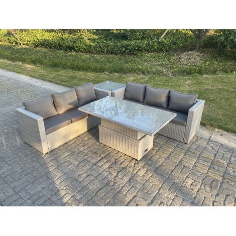 Fimous Polyrattan Essgruppe Gartenmöbel Set Höhe verstellbar Esstisch Set mit Sofa Beistelltisch Helles Grau (1/5)