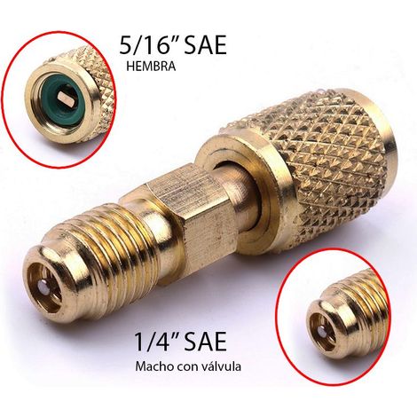 Adaptador 1/4 macho SAE a 5/16 hembra SAE con depresor de núcleo de válvula