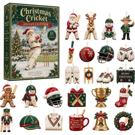 Weihnachts-Adventskalender 2026 mit Cricket-Motiven – 24 flache 2D-Weihnachtsbaumkugeln aus Acryl – sportliches Design mit Pinguin, grüner Kappe und Cricket-Symbolen (1/5)