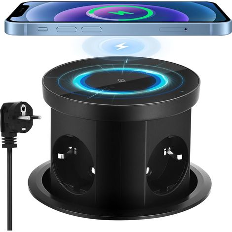Bloc Prise Encastrable Plan de Travail,Prise Encastrable d 110 mm, Multiprise Escamotable 2 USB A, 3 Prises, avec Chargeur sans Fil 15 W, pour Plan de Travail, Cuisine, Maison (1/5)