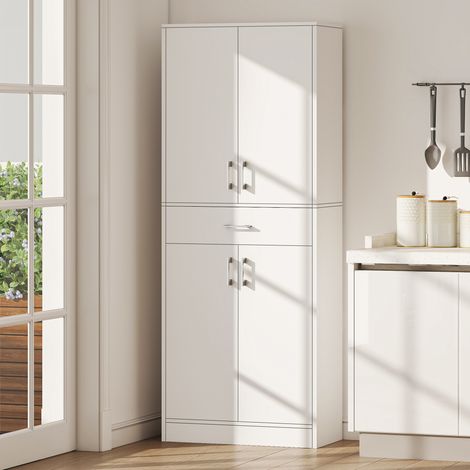 Credenza da cucina alta con 4 ante, 2 armadietti e 1 cassetto centrale, 180 cm di altezza, con 2 ripiani regolabili, bianca