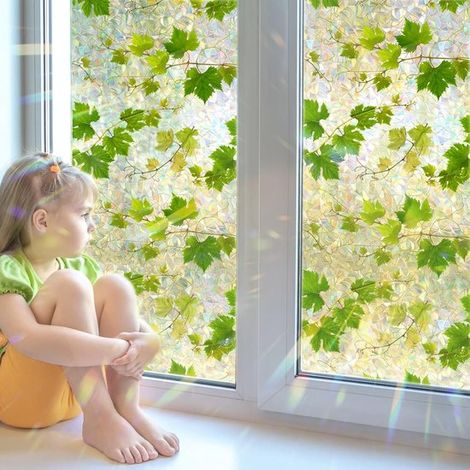 Adesivi per finestre con motivi vegetali verdi, antiriflesso e con effetto arcobaleno. Pellicola per finestre con motivo a vite verde e rivestimento elettrostatico. (1/5)