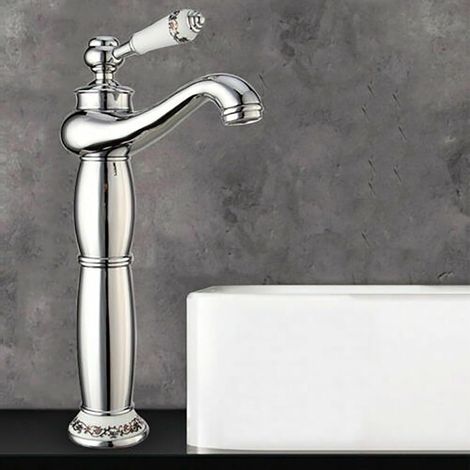 Mitigeur Lavabo Rétro Laiton Massif Pivotant 360° Cascade Robinet Salle de Bain Vintage Monocommande Eau Chaude Froide Argenté Monotrou (1/5)