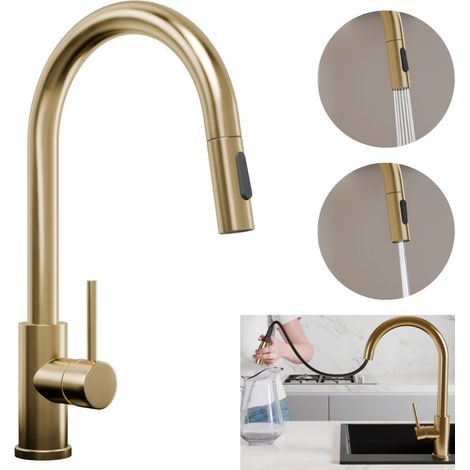 Primagran – Robinet de cuisine haute pression 360° avec bec extractible – 2 modes de jet – Économie d'eau – Acier inoxydable doré (1/4)