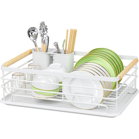 Stainless steel kitchen dish drainer with cutlery basket and removable drip tray. No assembly required. 44 x 33 x 15.5 cm (black). (1/5)