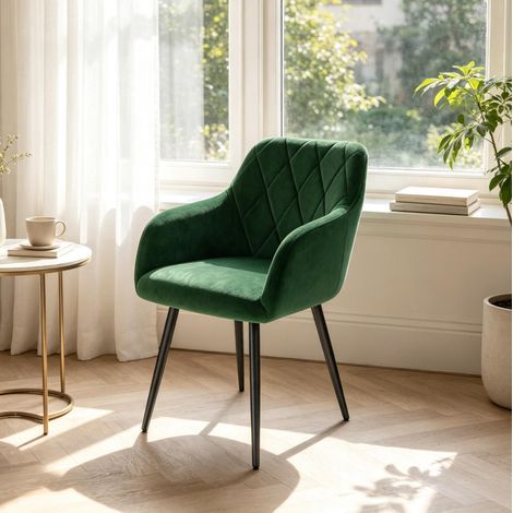 Silla de comedor con reposabrazos de terciopelo verde oscuro y patas metálicas, 1 unidad OKMYHOME (1/5)