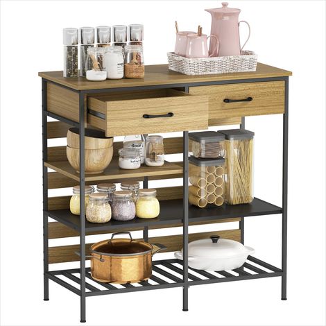 Buffet industriel 2 tiroirs et 3 étagères, bois naturel et acier noir, 90x40x91 cm, meuble de rangement cuisine (1/5)